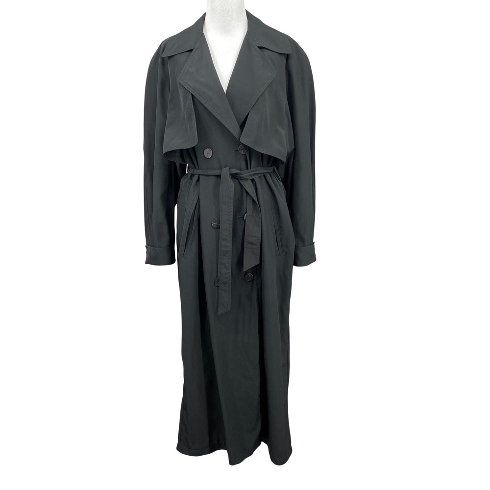 American Bazaar woMens Black Double Breasted Belted Trench Coat Size 8 Longline